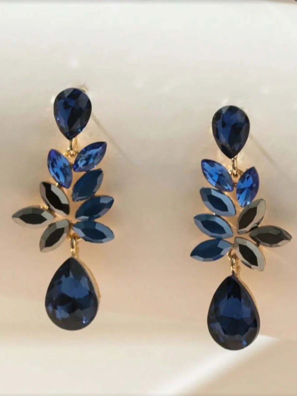 Elegant Navy Blue Teardrop Crystal Leaf Earrings